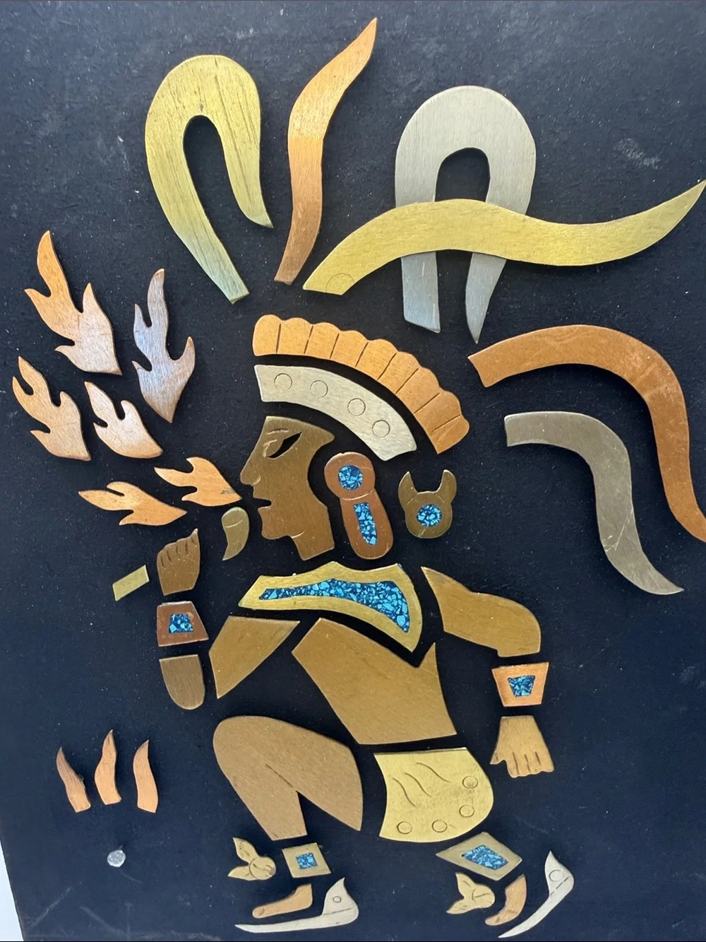 MCM Copper, Brass and Turquoise Aztec Dancer Art Handmade Metalwork Decor